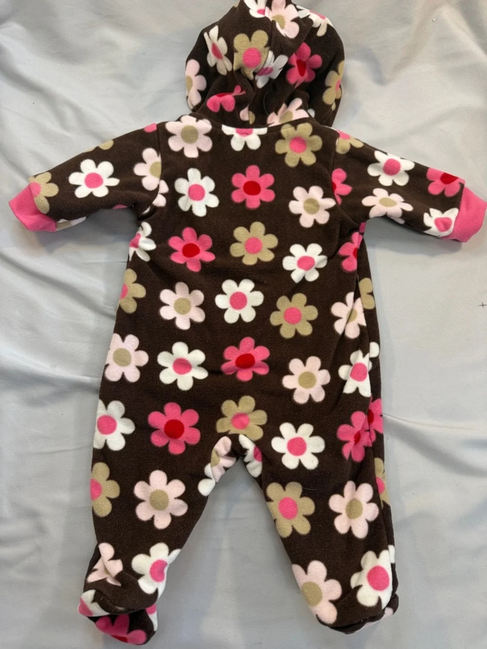 Carter's Brown Floral Fleece Hooded insulated One-Piece Footie with Pink Accents - Picture 3 of 3